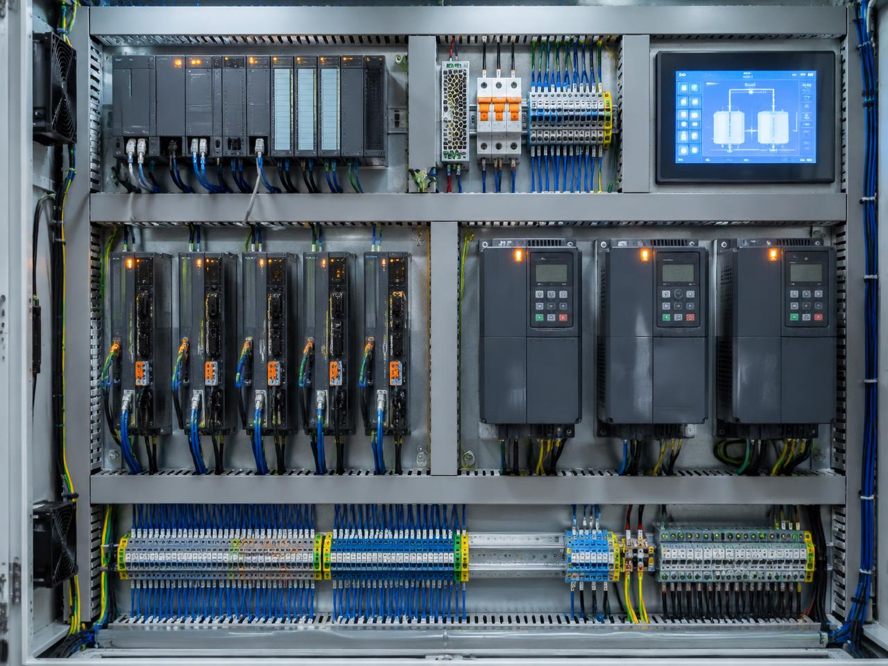 Control panel with PLCs, servo drives and variable frequency drives