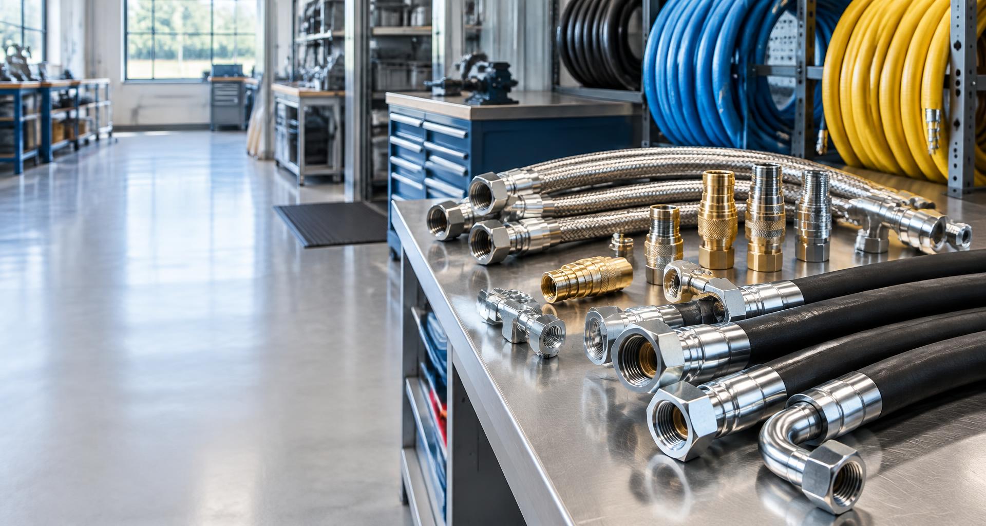 Hydraulic hose assemblies, braided metal hoses, fittings, adapters and quick-connect couplings in a bright hose workshop