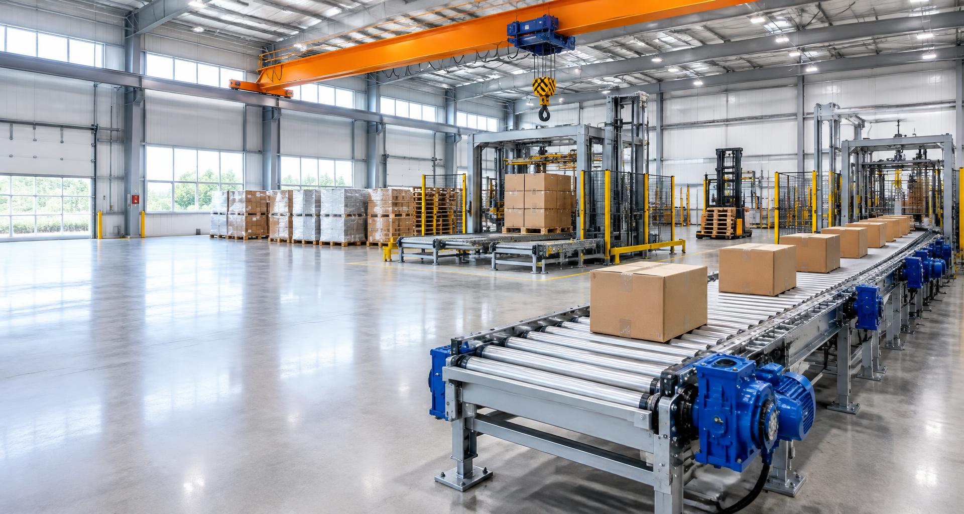 Roller conveyors, automated pallet handling equipment and an overhead crane in a bright industrial facility