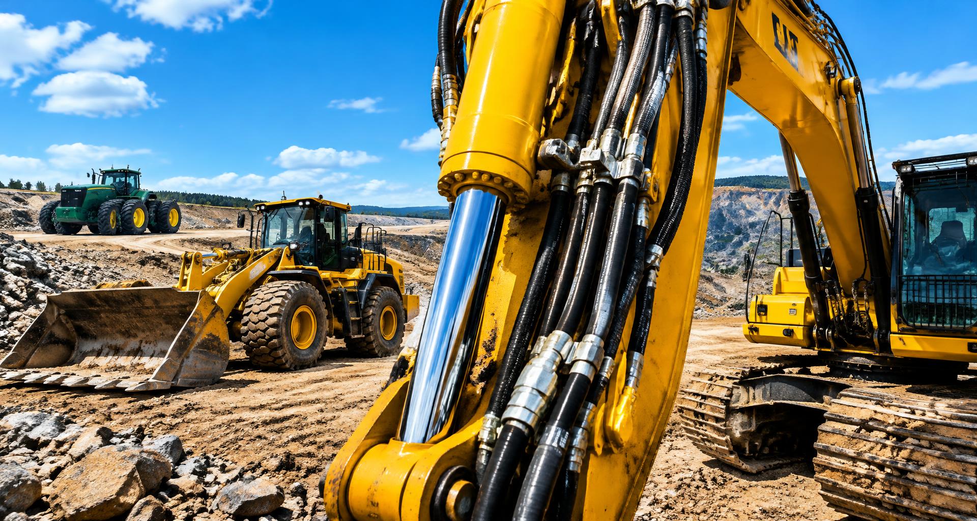 Excavator, wheel loader and tractor with mobile hydraulics on a bright construction and mining site