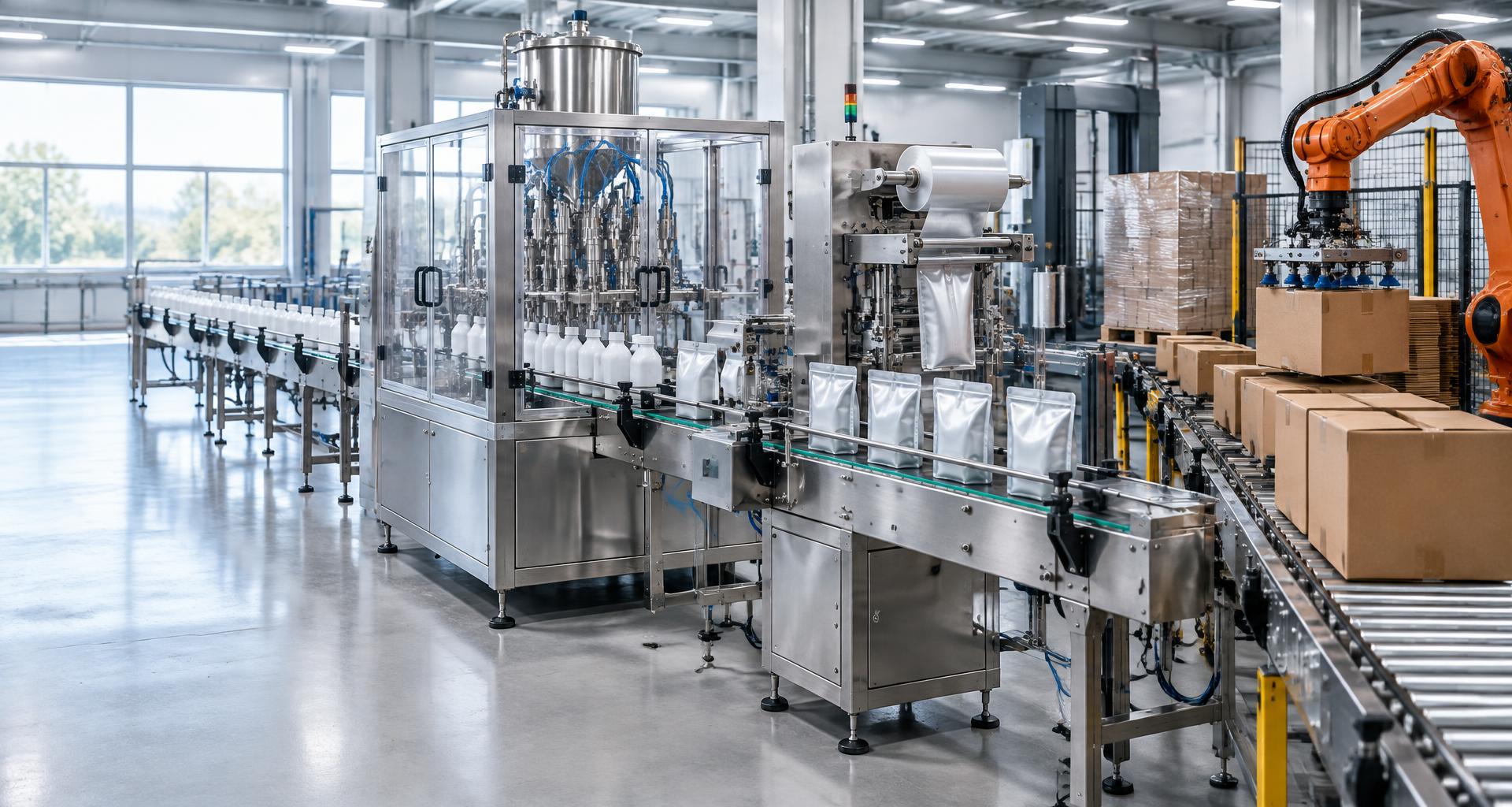 Automated filling and sealing equipment, flexible pouches and robotic case packing on a bright packaging production line