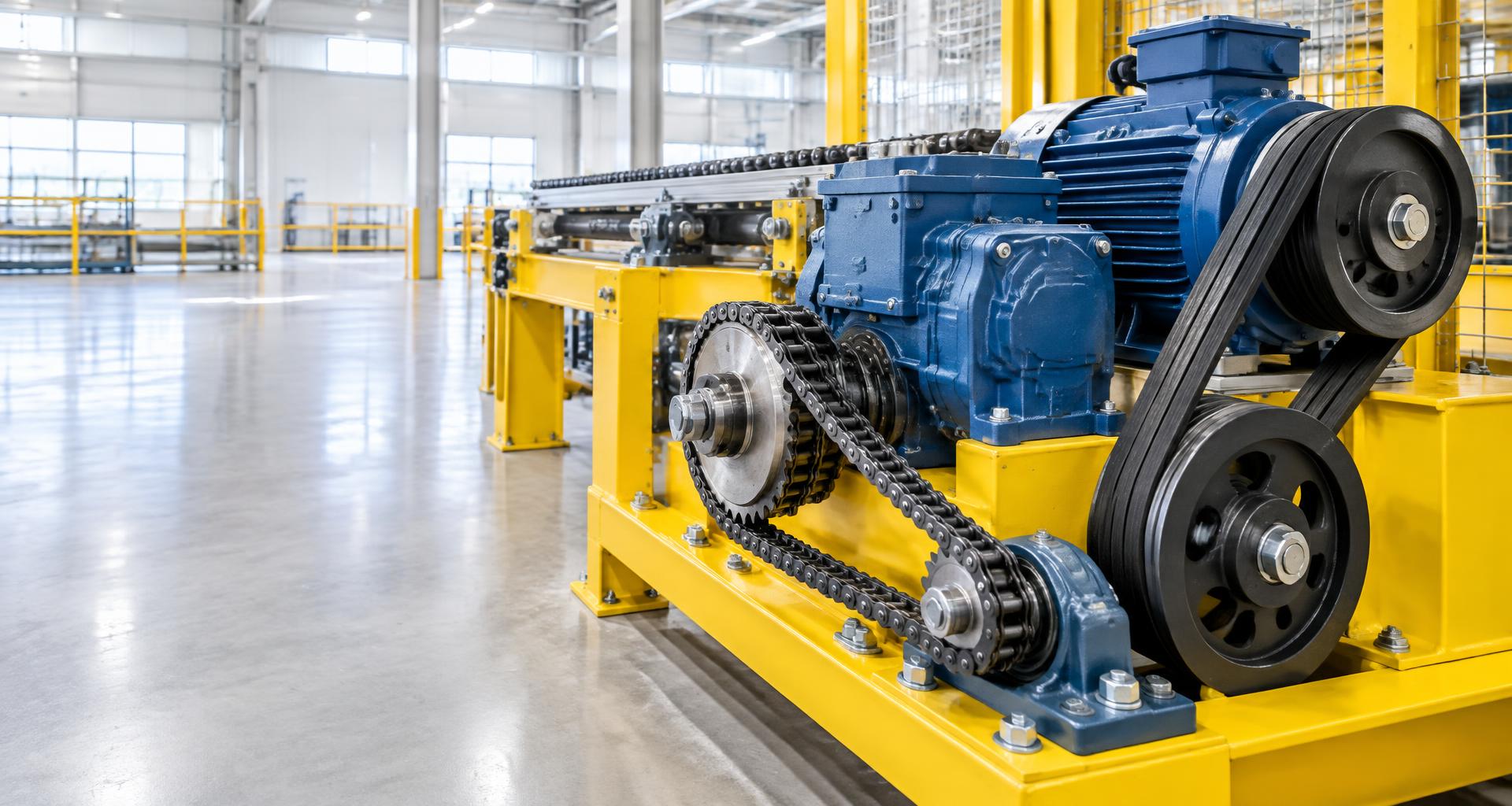 Mechanical power transmission drive with motor, gearbox, belts, pulleys and chain in a bright industrial facility